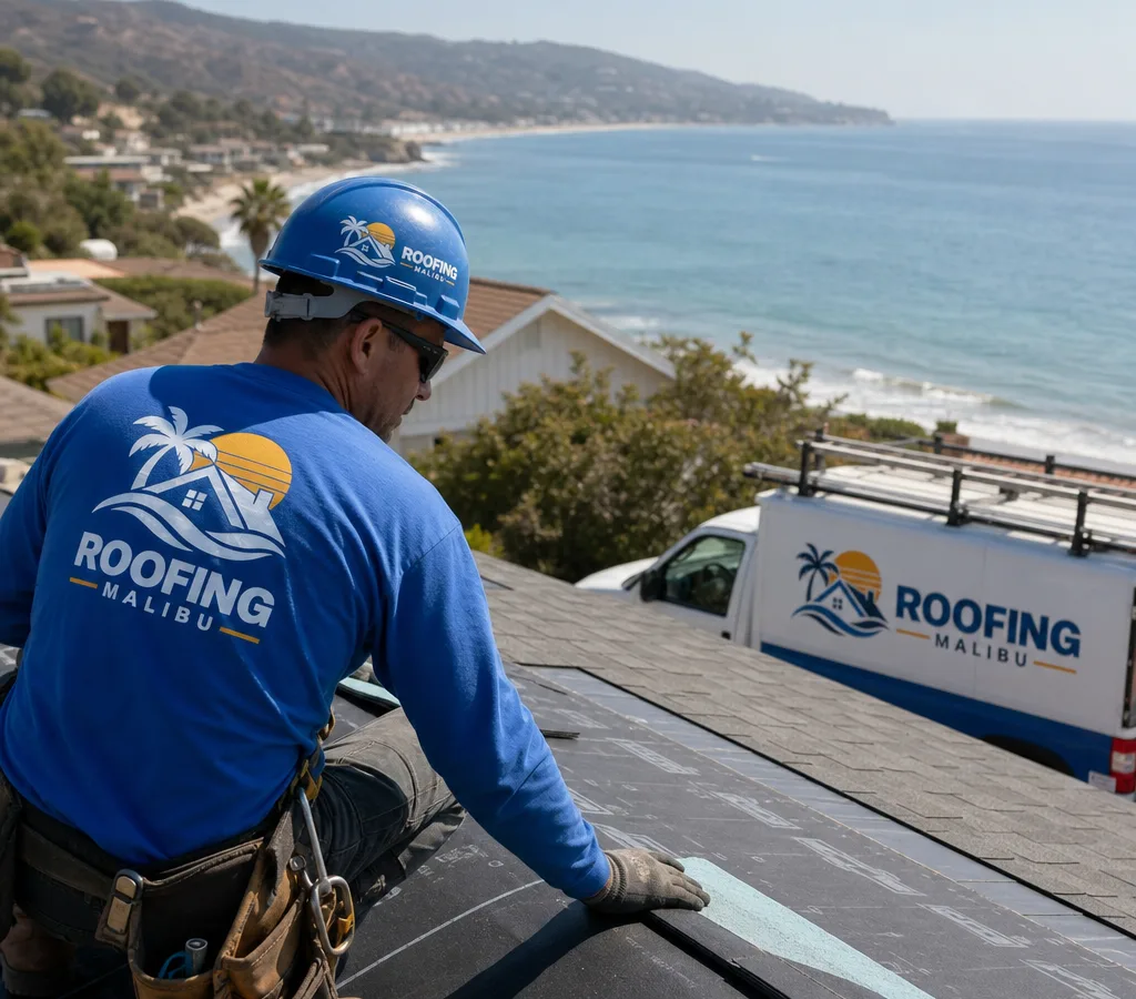 Roofer inspecting a residential Malibu roof near the coast