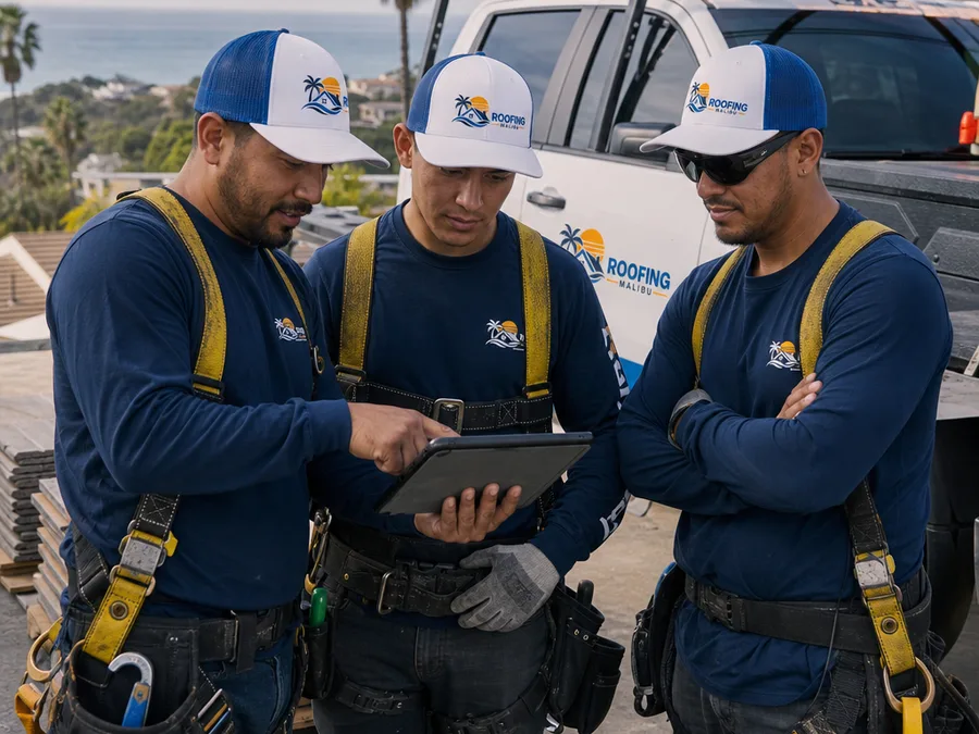 Roofing crew reviewing roof photos beside a work truck